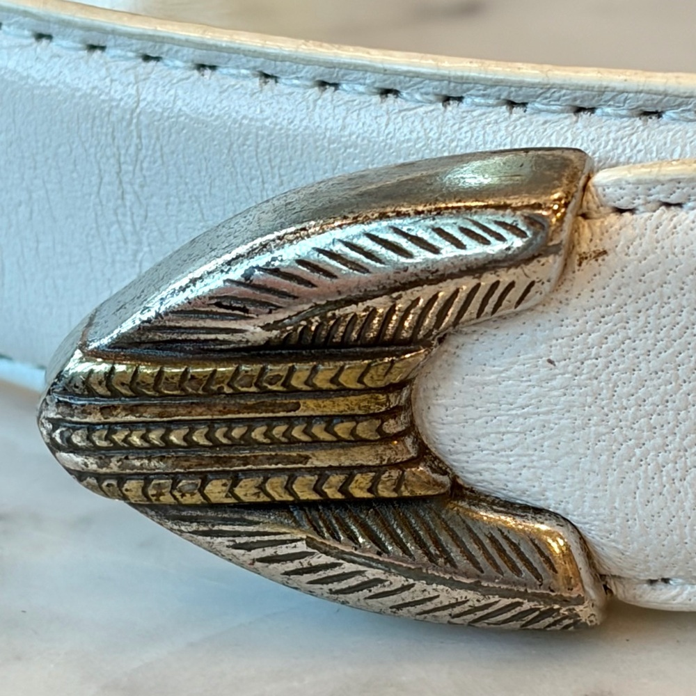 Vintage Leather Belt, Antiqued Silver Buckle & tip, southwestern style, white, S - Picture 6 of 9